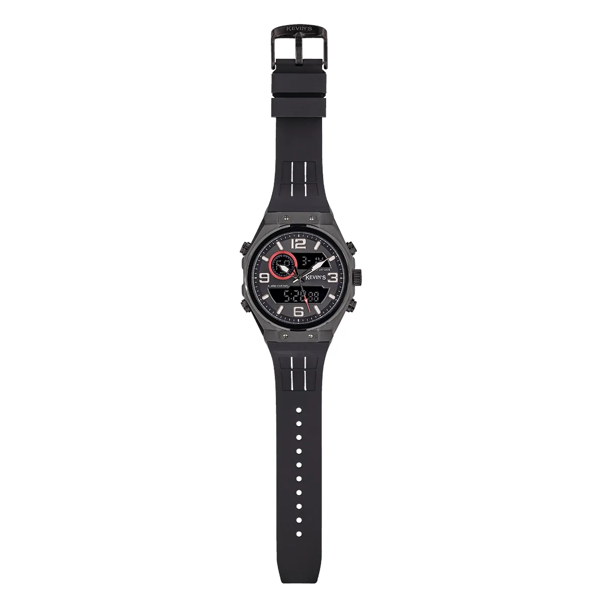 Reloj Kevins analogo y digital, para Hombre, tablero redondo colores negro y rojo, estilo index + arabigo, pulso silicona color negro, calendario