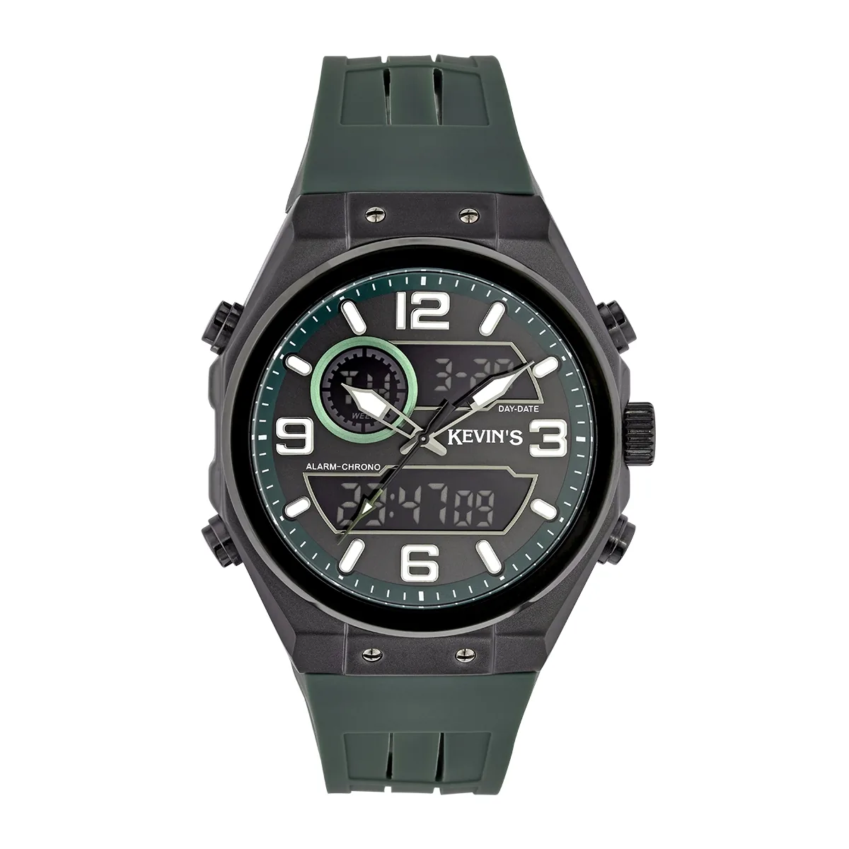 Reloj Kevins analogo y digital, para Hombre, tablero redondo color verde, estilo index + arabigo, pulso silicona color verde, calendario