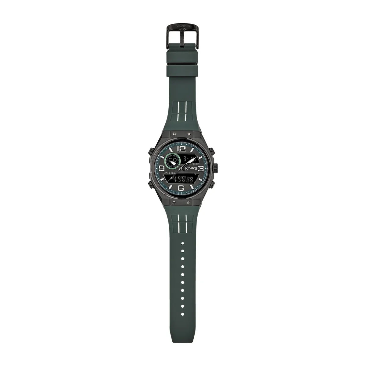 Reloj Kevins analogo y digital, para Hombre, tablero redondo color verde, estilo index + arabigo, pulso silicona color verde, calendario