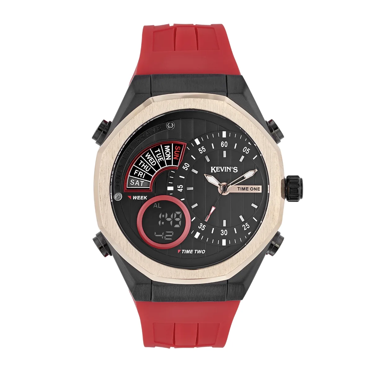 Reloj Kevins analogo y digital, para Hombre, tablero redondo colores negro y rojo, estilo index, pulso silicona color rojo