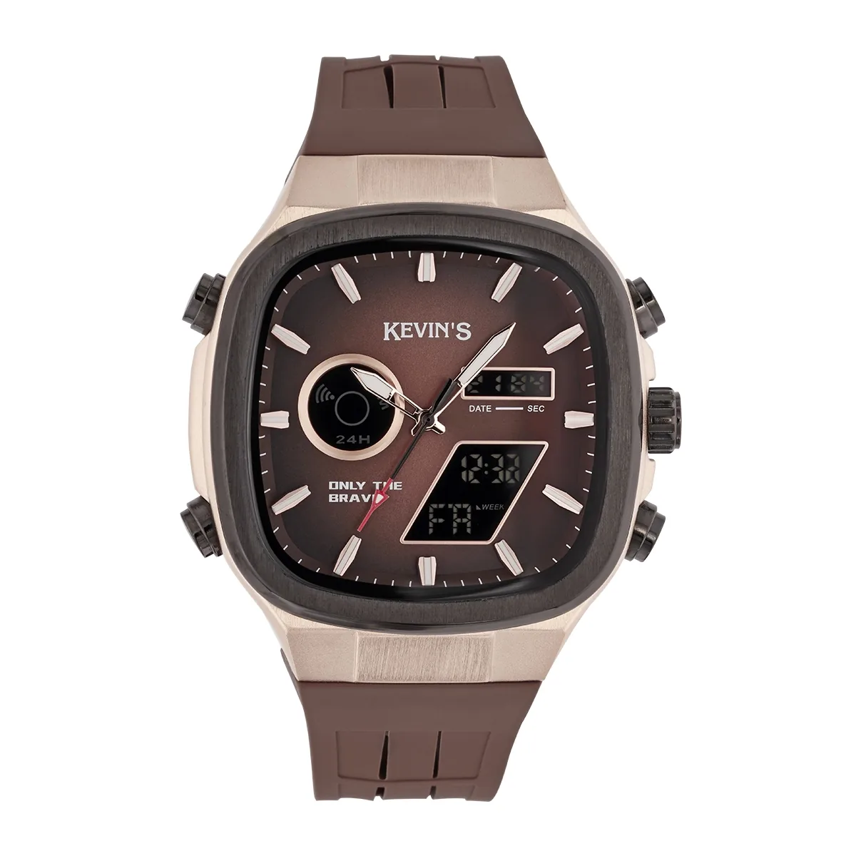 Reloj Kevins analogo y digital, para Hombre, tablero cuadrado colores café y rosa, estilo index, pulso silicona color café, calendario