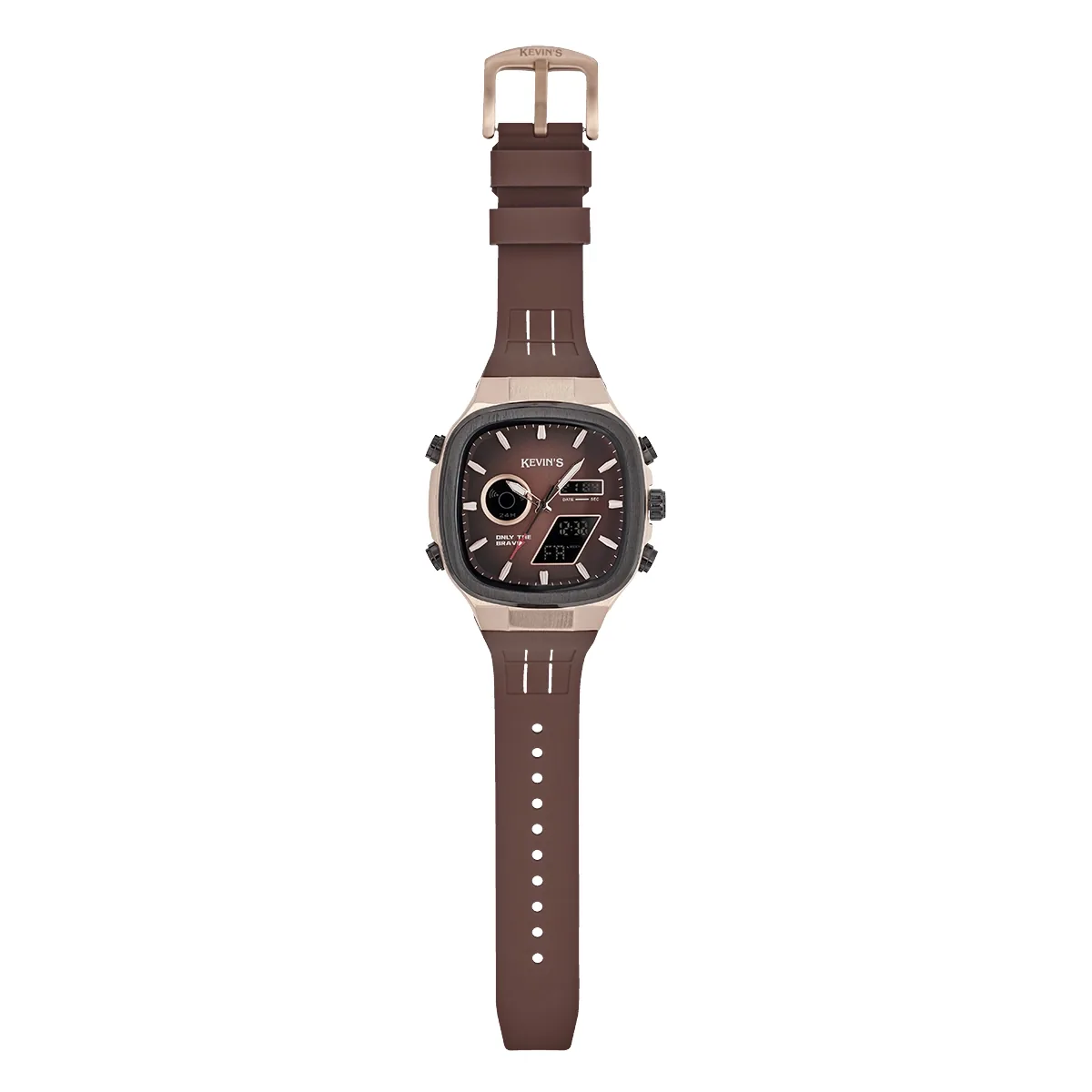 Reloj Kevins analogo y digital, para Hombre, tablero cuadrado colores café y rosa, estilo index, pulso silicona color café, calendario