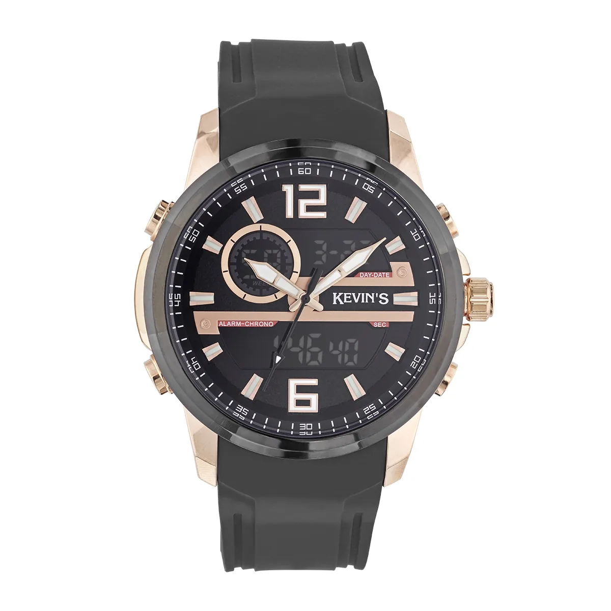 Reloj Kevins analogo y digital, para Hombre, tablero redondo colores negro y rosa, estilo index + arabigo, pulso silicona color negro, calendario