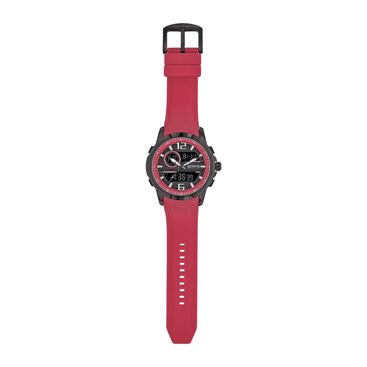 Reloj Kevins analogo y digital, para Hombre, tablero redondo colores negro y rojo, estilo index + arabigo, pulso silicona color rojo, calendario