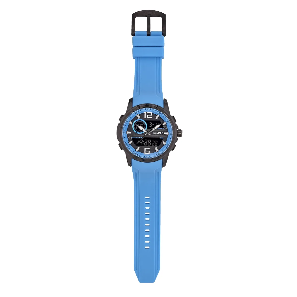 Reloj Kevins analogo y digital, para Hombre, tablero redondo colores negro y azul, estilo index + arabigo, pulso silicona color azul, calendario
