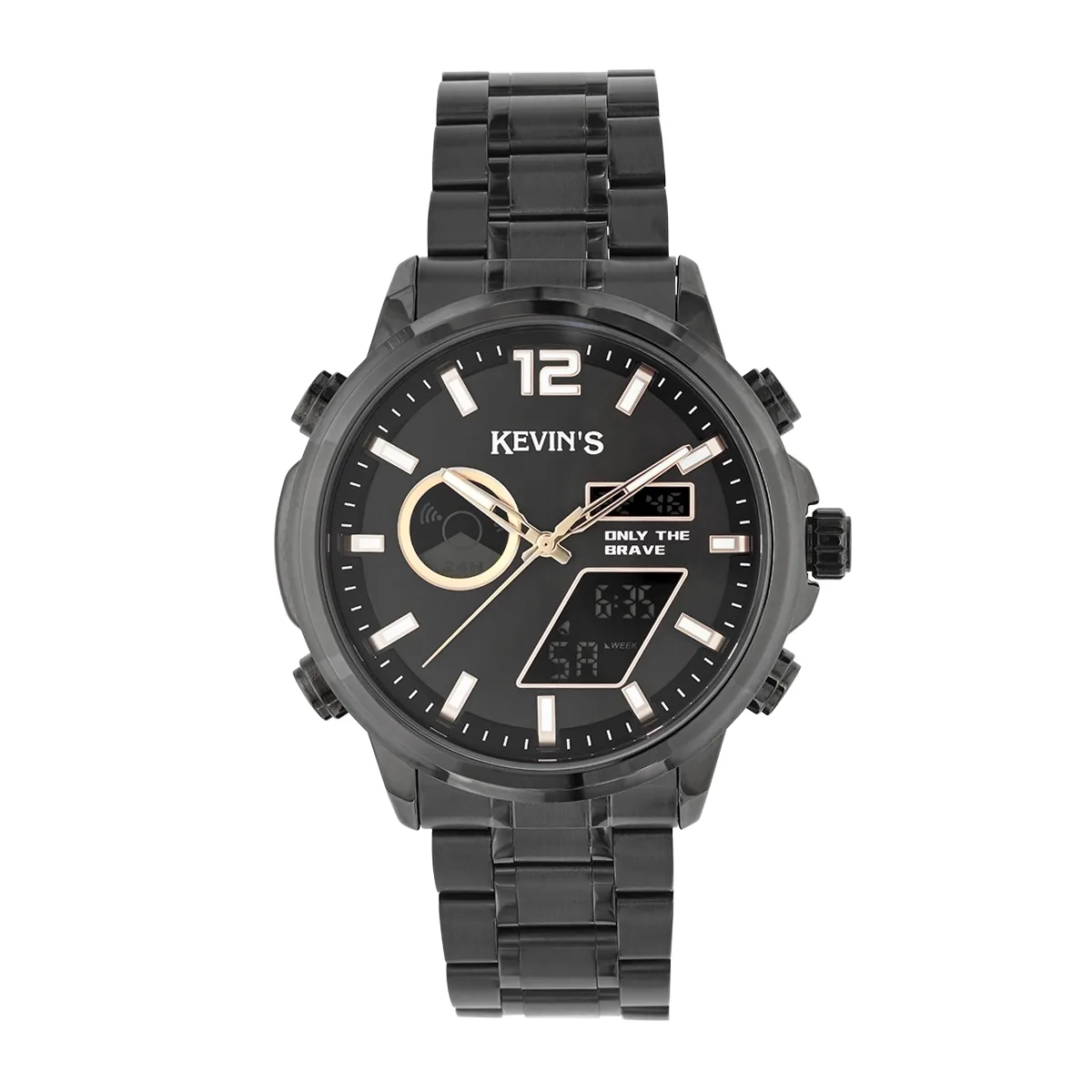 Reloj Kevins analogo y digital, para Hombre, tablero redondo colores negro y rosa, estilo index + arabigo, pulso metalico color negro, calendario