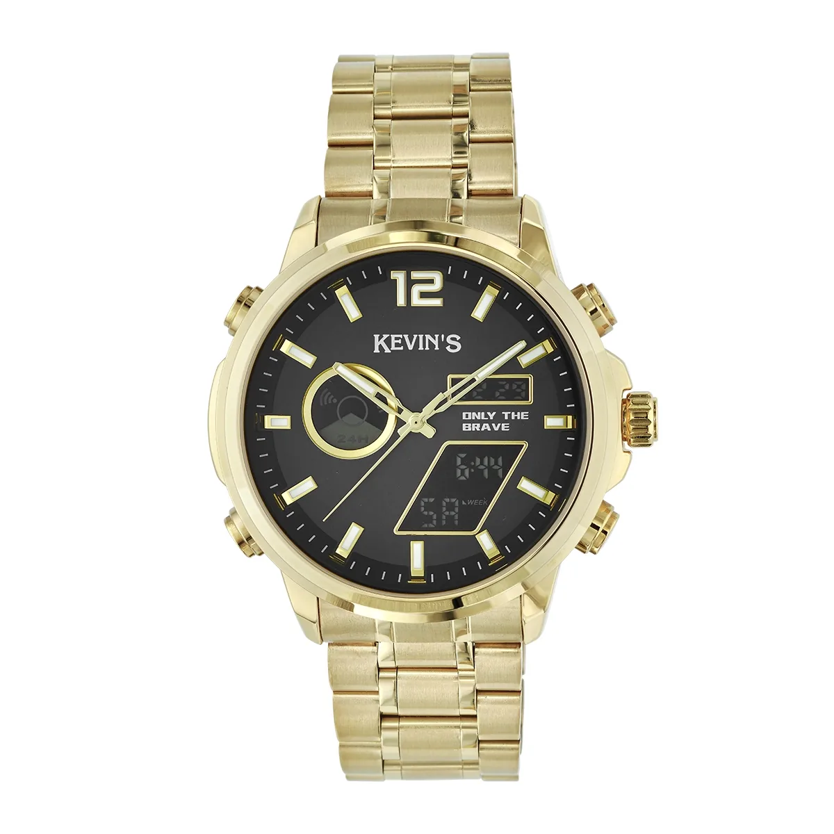 Reloj Kevins analogo y digital, para Hombre, tablero redondo colores negro y dorado, estilo index + arabigo, pulso metalico color dorado, calendario
