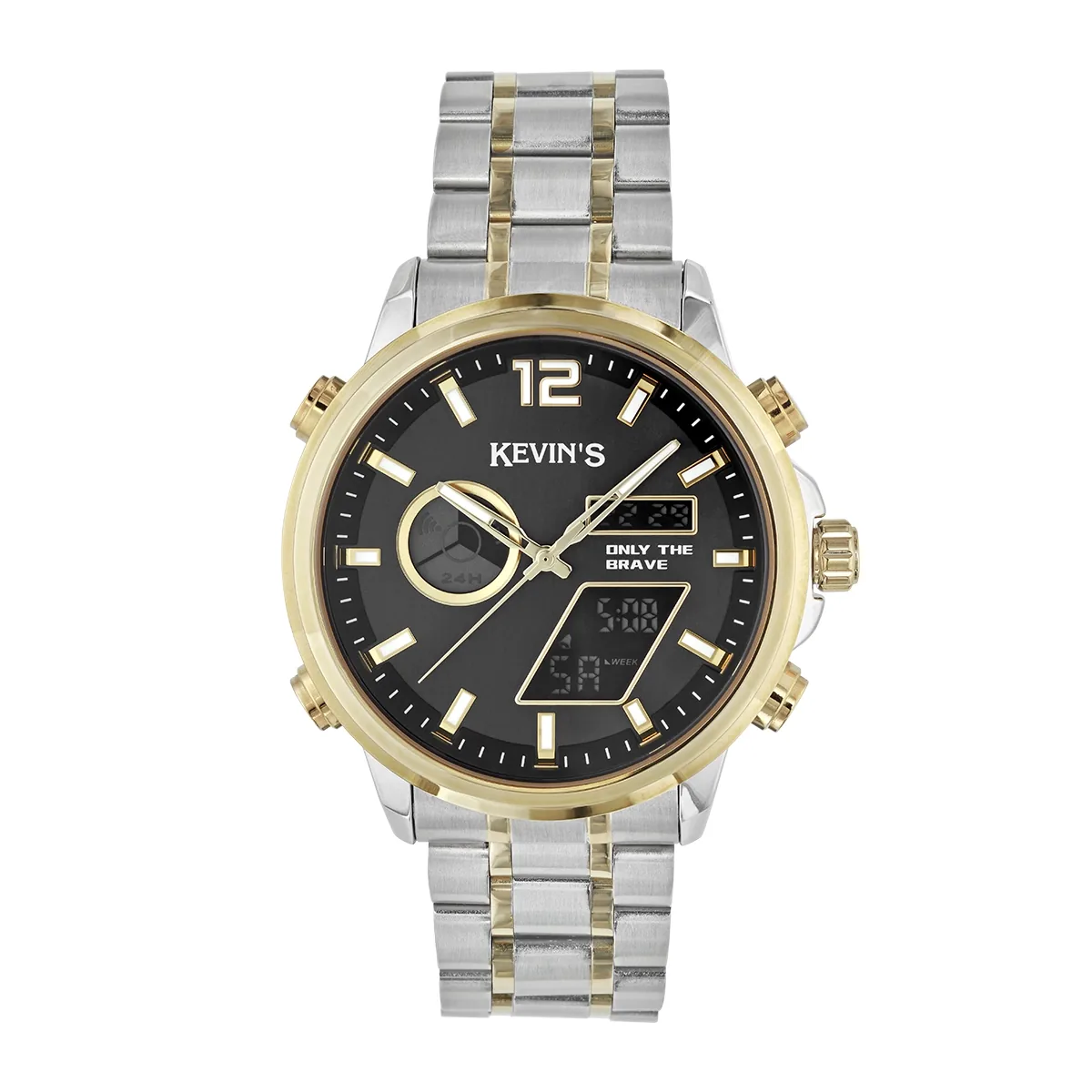 Reloj Kevins analogo y digital, para Hombre, tablero redondo colores negro y dorado, estilo index + arabigo, pulso metalico colores plateado y dorado, calendario
