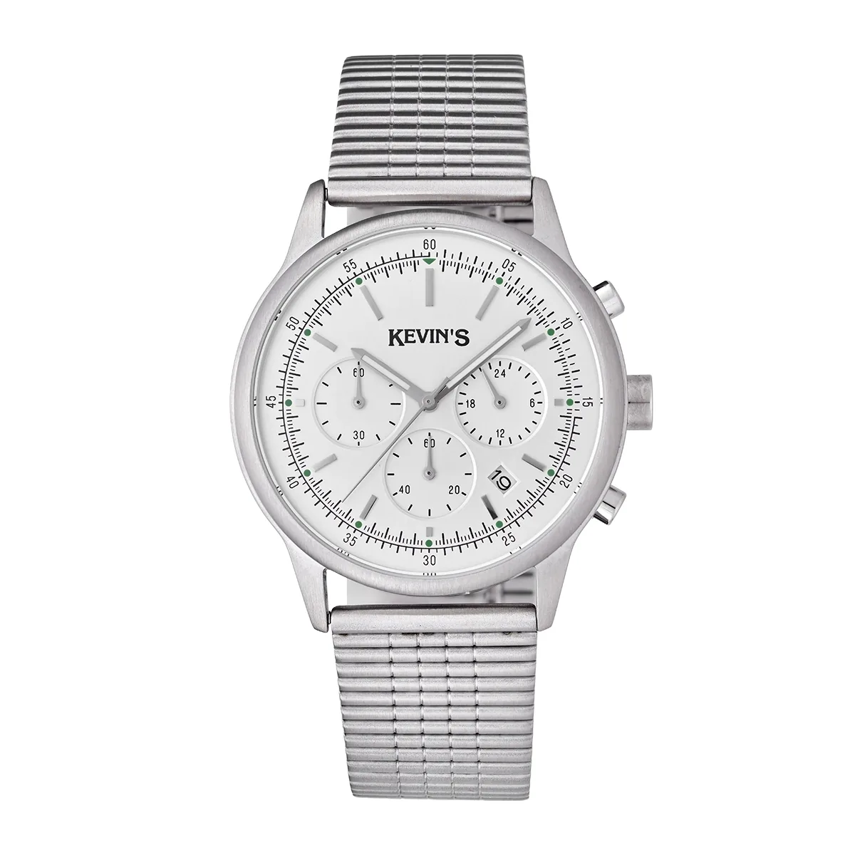 Reloj Kevins analogo, para Hombre, tablero redondo color plateado, estilo index, pulso acero color plateado, calendario