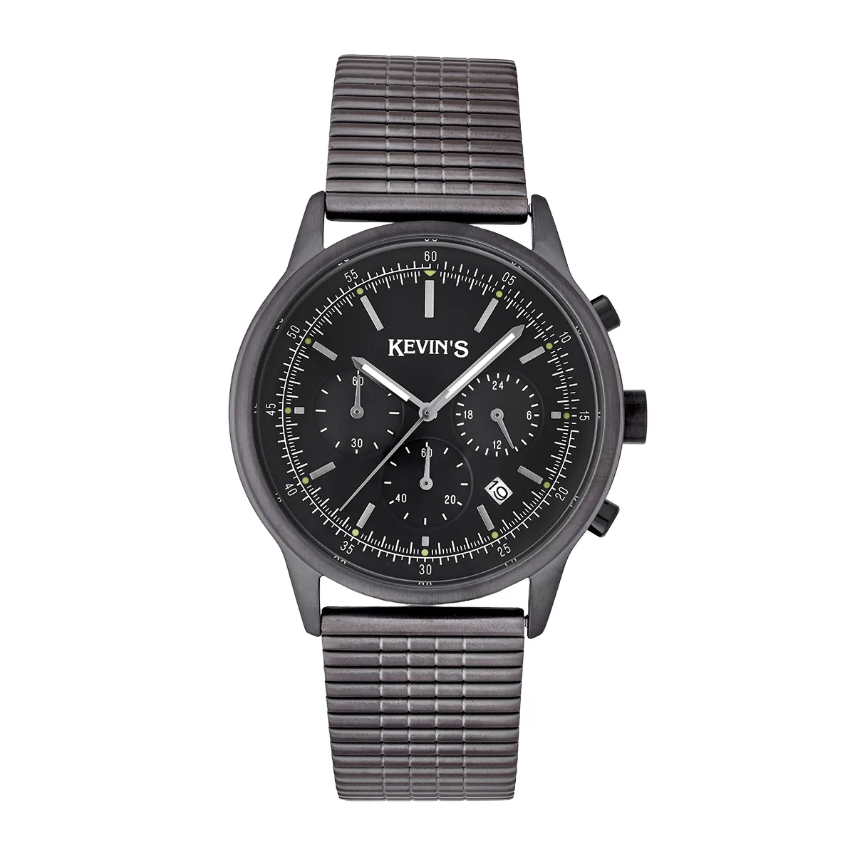 Reloj Kevins analogo, para Hombre, tablero redondo color negro, estilo index, pulso acero color gris, calendario