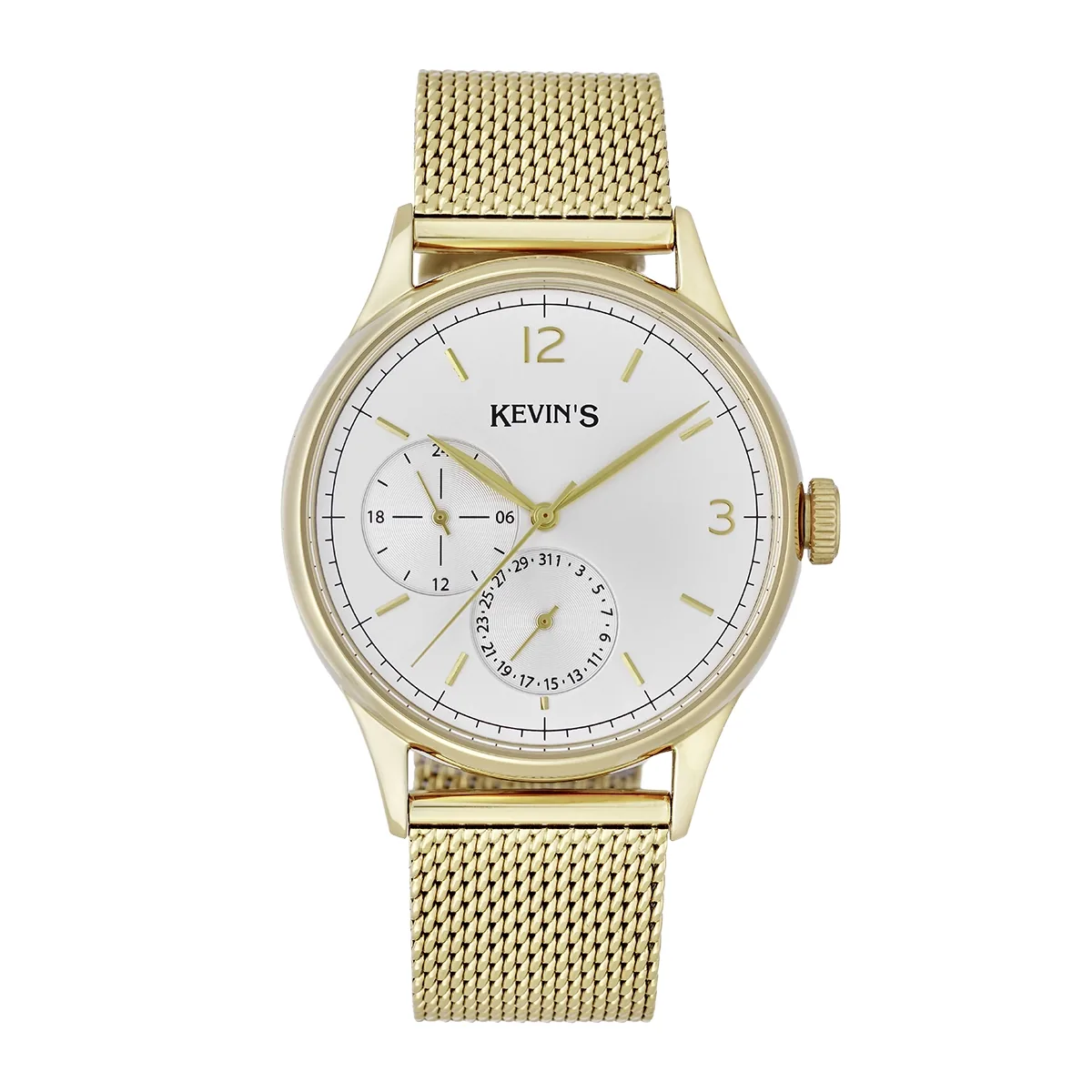 Reloj Kevins analogo, para Hombre, tablero redondo colores plateado y dorado, estilo index + arabigo, pulso acero color dorado, calendario