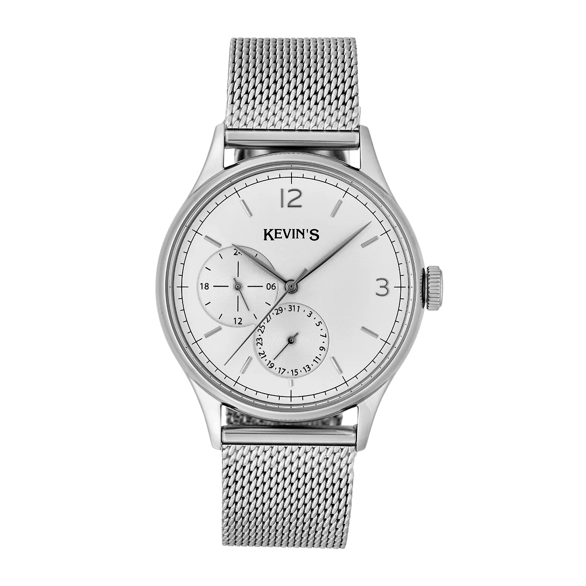 Reloj Kevins analogo, para Hombre, tablero redondo color plateado, estilo index + arabigo, pulso acero color plateado, calendario