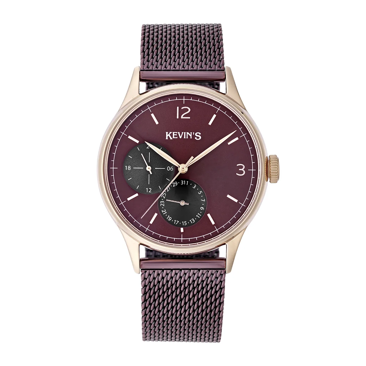 Reloj Kevins analogo, para Hombre, tablero redondo colores café y negro, estilo index + arabigo, pulso acero color café, calendario