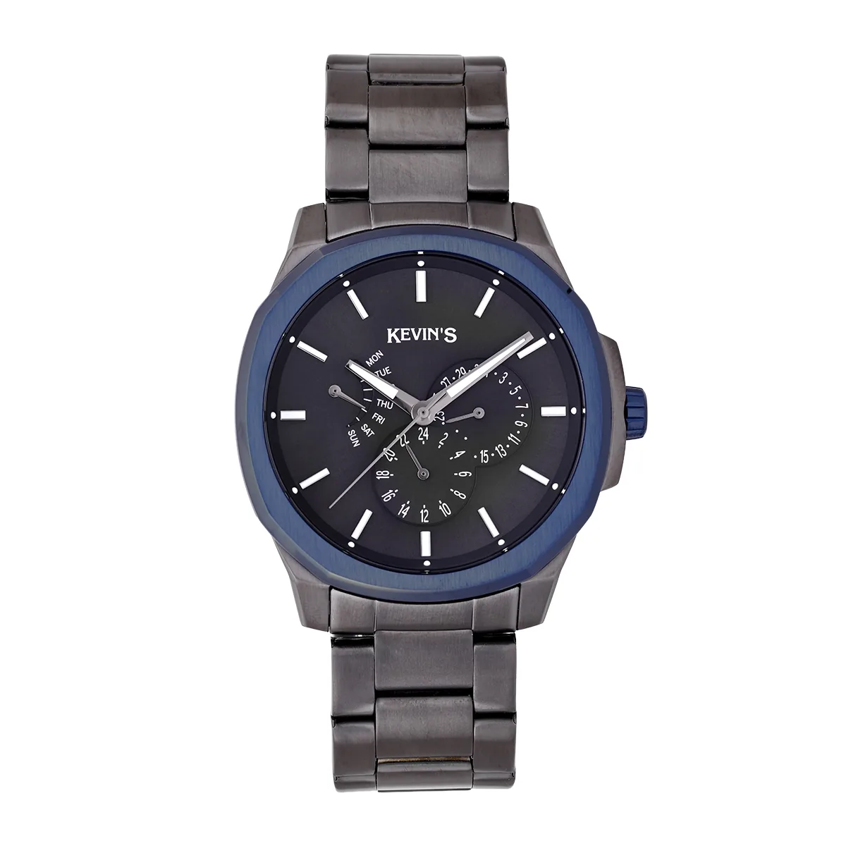 Reloj Kevins analogo, para Hombre, tablero redondo color gris, estilo index, pulso acero color gris, calendario