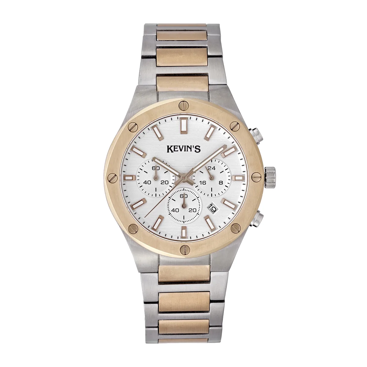 Reloj Kevins analogo, para Hombre, tablero redondo colores blanco y rosa, estilo index, pulso acero colores plateado y rosa, calendario