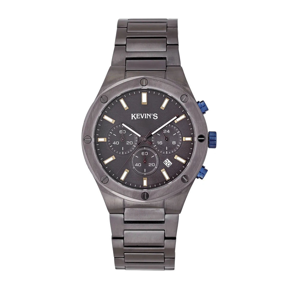 Reloj Kevins analogo, para Hombre, tablero redondo colores gris y rosa, estilo index, pulso acero color gris, calendario