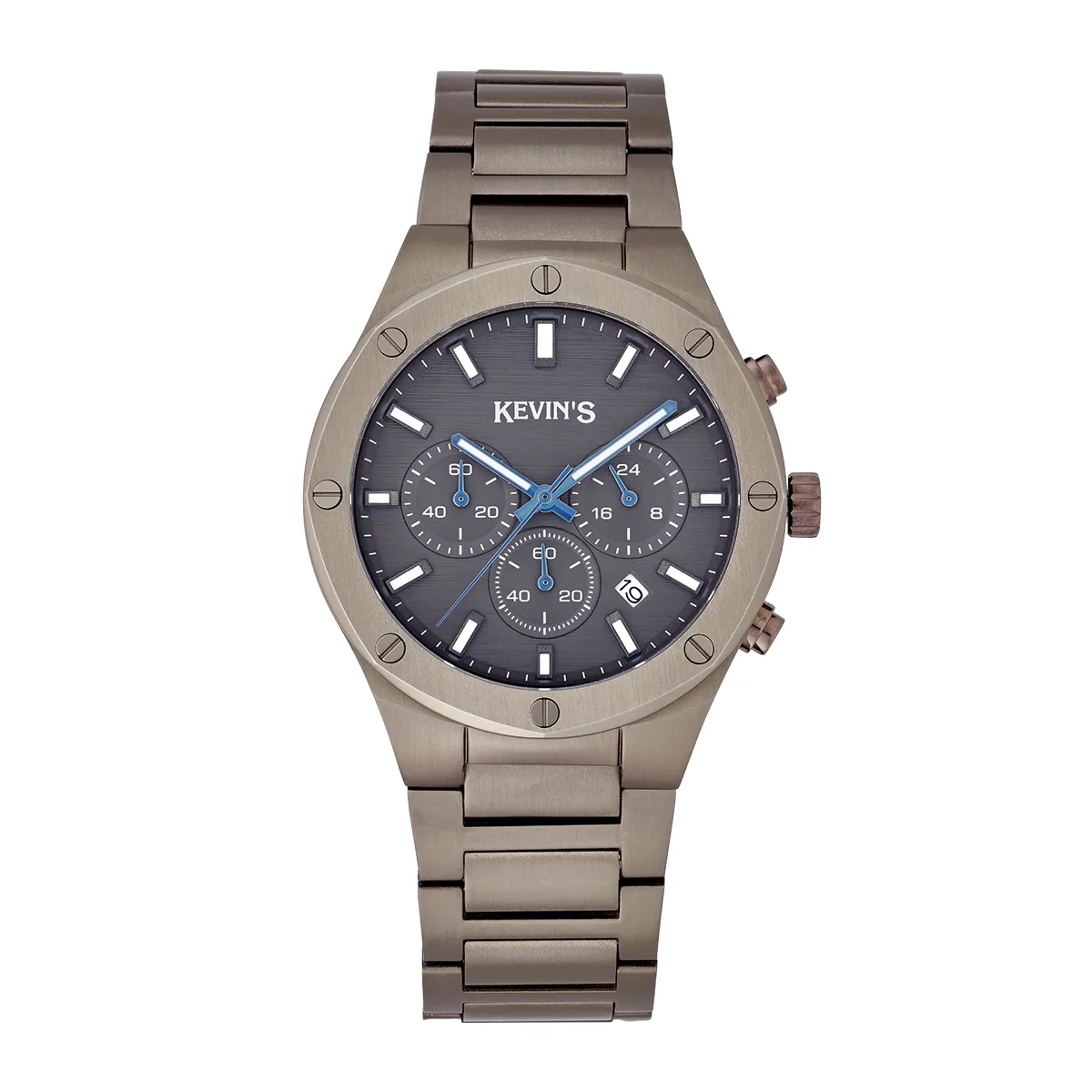 Reloj Kevins analogo, para Hombre, tablero redondo colores gris y azul, estilo index, pulso acero color café, calendario