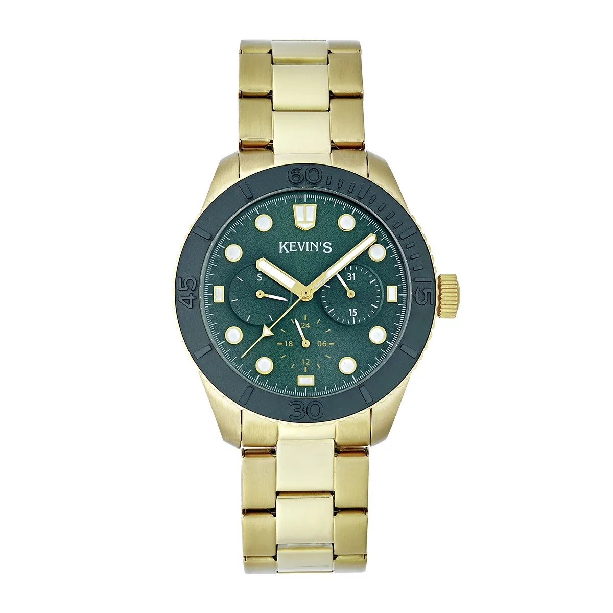 Reloj Kevins analogo, para Hombre, tablero redondo colores verde y dorado, estilo puntos, pulso acero color dorado, calendario