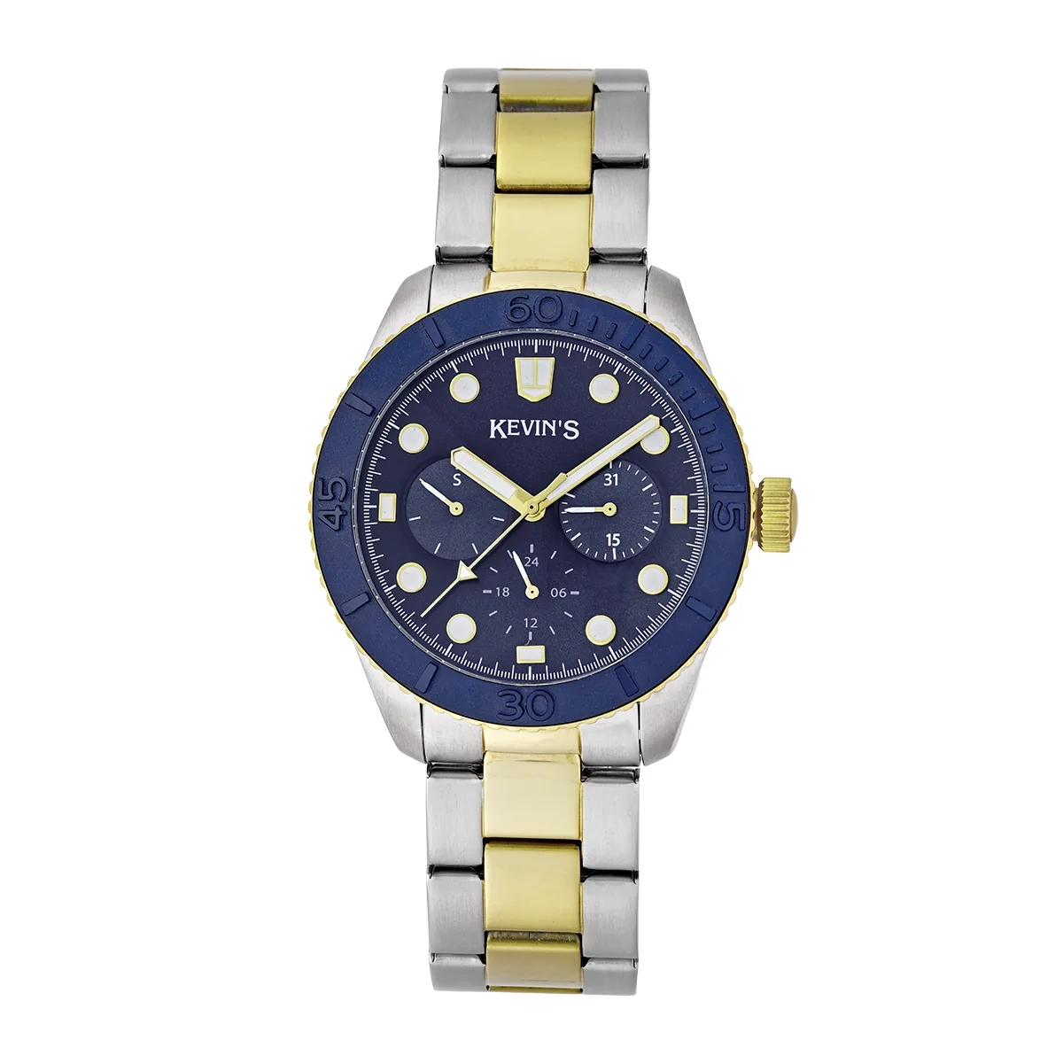 Reloj Kevins analogo, para Hombre, tablero redondo colores azul y dorado, estilo puntos, pulso acero colores plateado y dorado, calendario