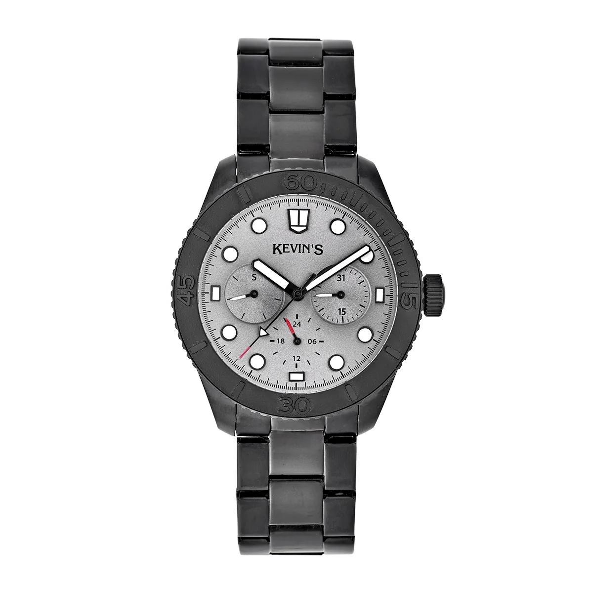 Reloj Kevins analogo, para Hombre, tablero redondo color gris, estilo puntos, pulso acero color negro, calendario