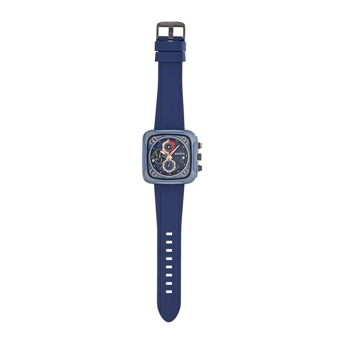 Reloj Kevins analogo, para Hombre, tablero cuadrado colores azul y rosa, estilo puntos, pulso silicona color azul, calendario, cronografo