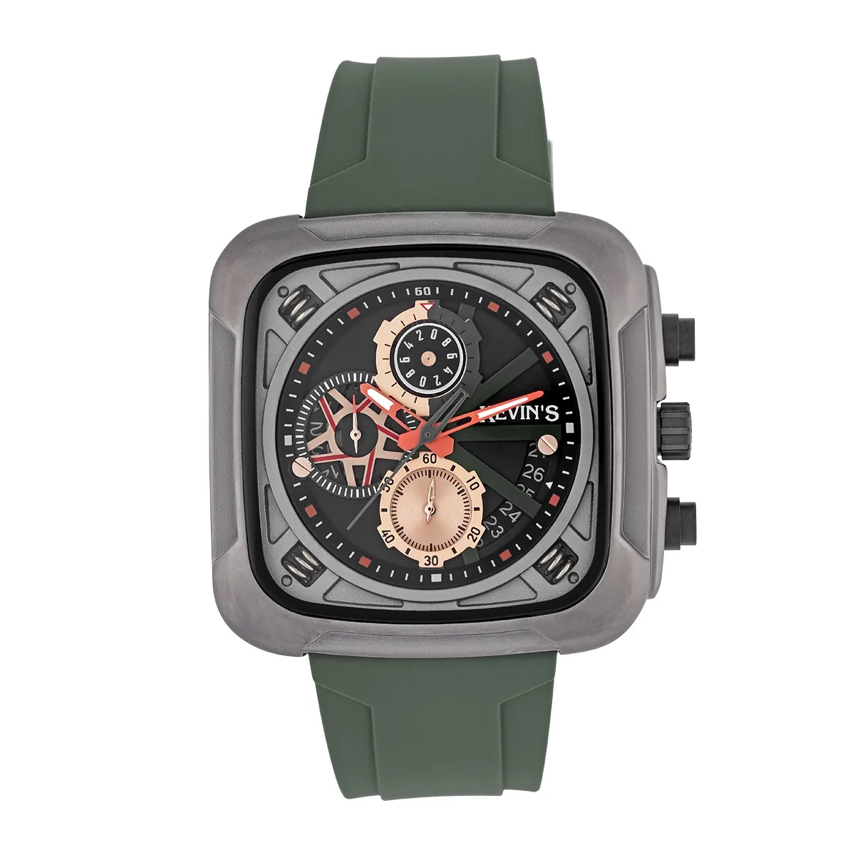 Reloj Kevins analogo, para Hombre, tablero cuadrado colores negro y rosa, estilo puntos, pulso silicona color verde, calendario, cronografo