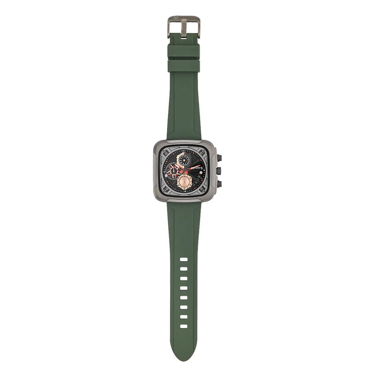 Reloj Kevins analogo, para Hombre, tablero cuadrado colores negro y rosa, estilo puntos, pulso silicona color verde, calendario, cronografo