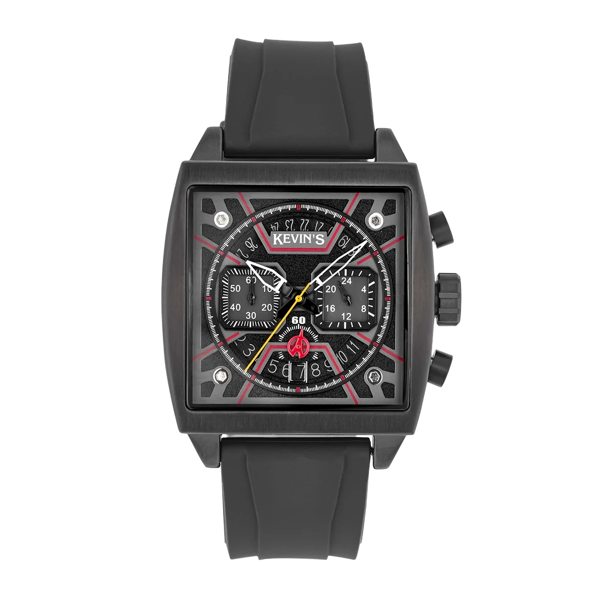 Reloj Kevins analogo, para Hombre, tablero cuadrado colores negro y rojo, estilo index, pulso silicona color negro, calendario, cronografo