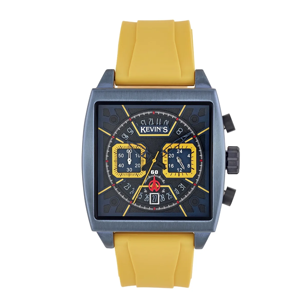 Reloj Kevins analogo, para Hombre, tablero cuadrado colores negro y amarillo, estilo index, pulso silicona color amarillo, calendario, cronografo