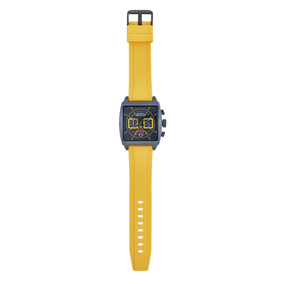 Reloj Kevins analogo, para Hombre, tablero cuadrado colores negro y amarillo, estilo index, pulso silicona color amarillo, calendario, cronografo