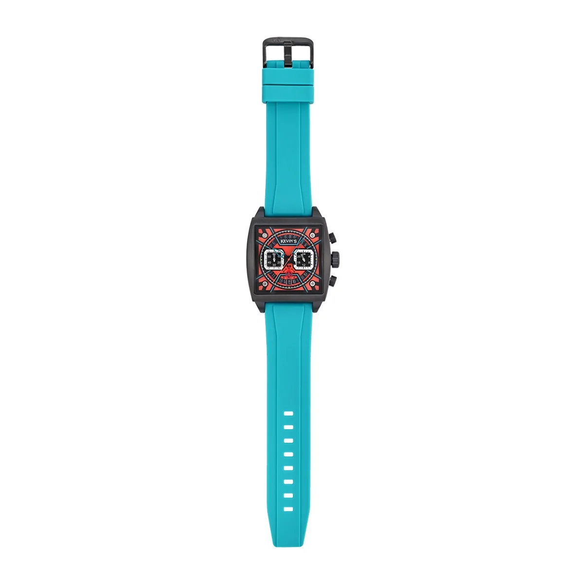 Reloj Kevins analogo, para Hombre, tablero cuadrado colores rojo y verde, estilo index, pulso silicona color azul, calendario, cronografo
