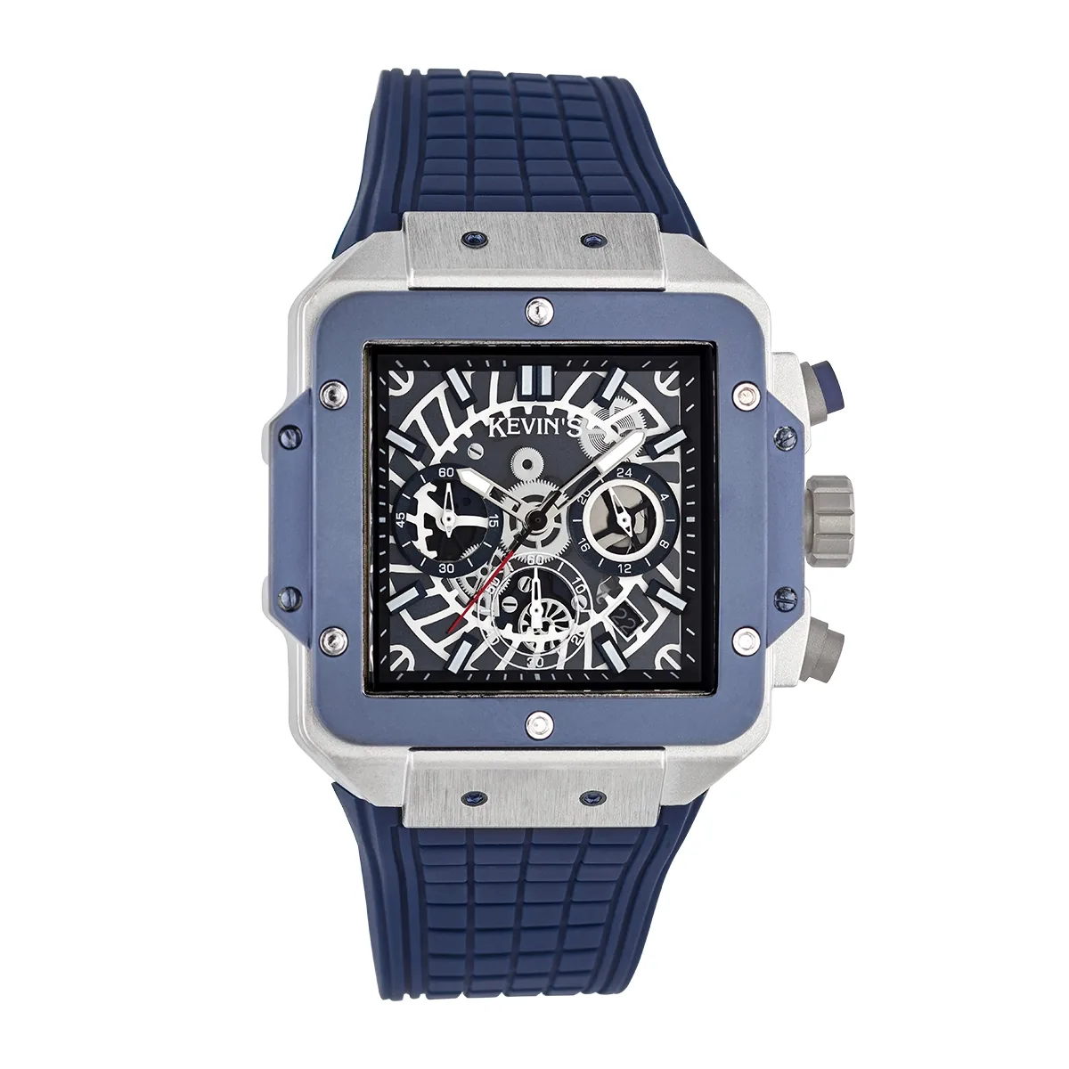 Reloj Kevins analogo, para Hombre, tablero cuadrado color azul, estilo index, pulso silicona color azul, calendario, cronografo