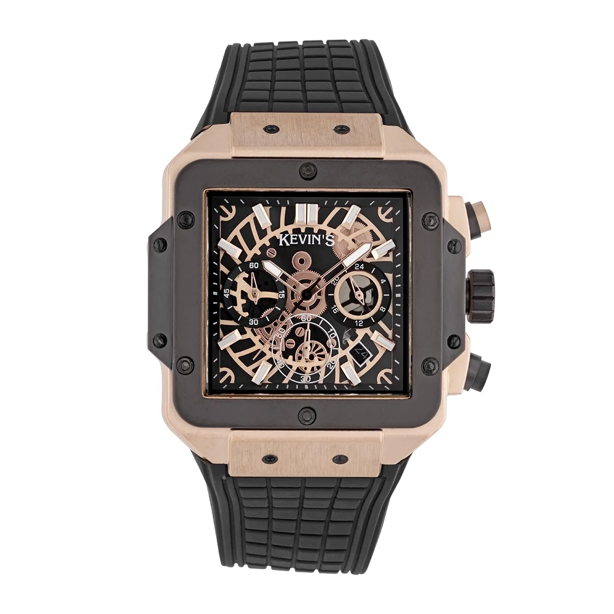 Reloj Kevins analogo, para Hombre, tablero cuadrado colores negro y rosa, estilo index, pulso silicona color negro, calendario, cronografo