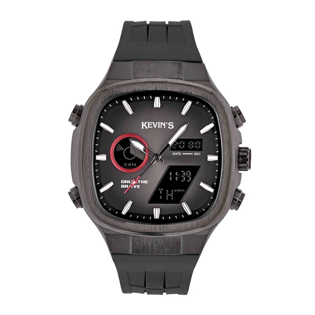 Reloj Kevins analogo y digital, para Hombre, tablero cuadrado colores negro y rojo, estilo index, pulso silicona color negro, calendario