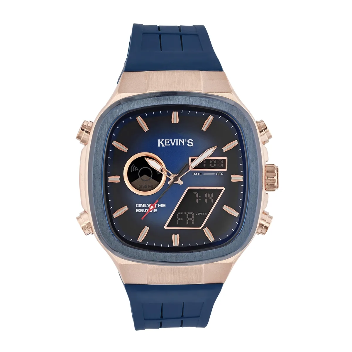 Reloj Kevins analogo y digital, para Hombre, tablero cuadrado colores azul y rosa, estilo index, pulso silicona color azul, calendario