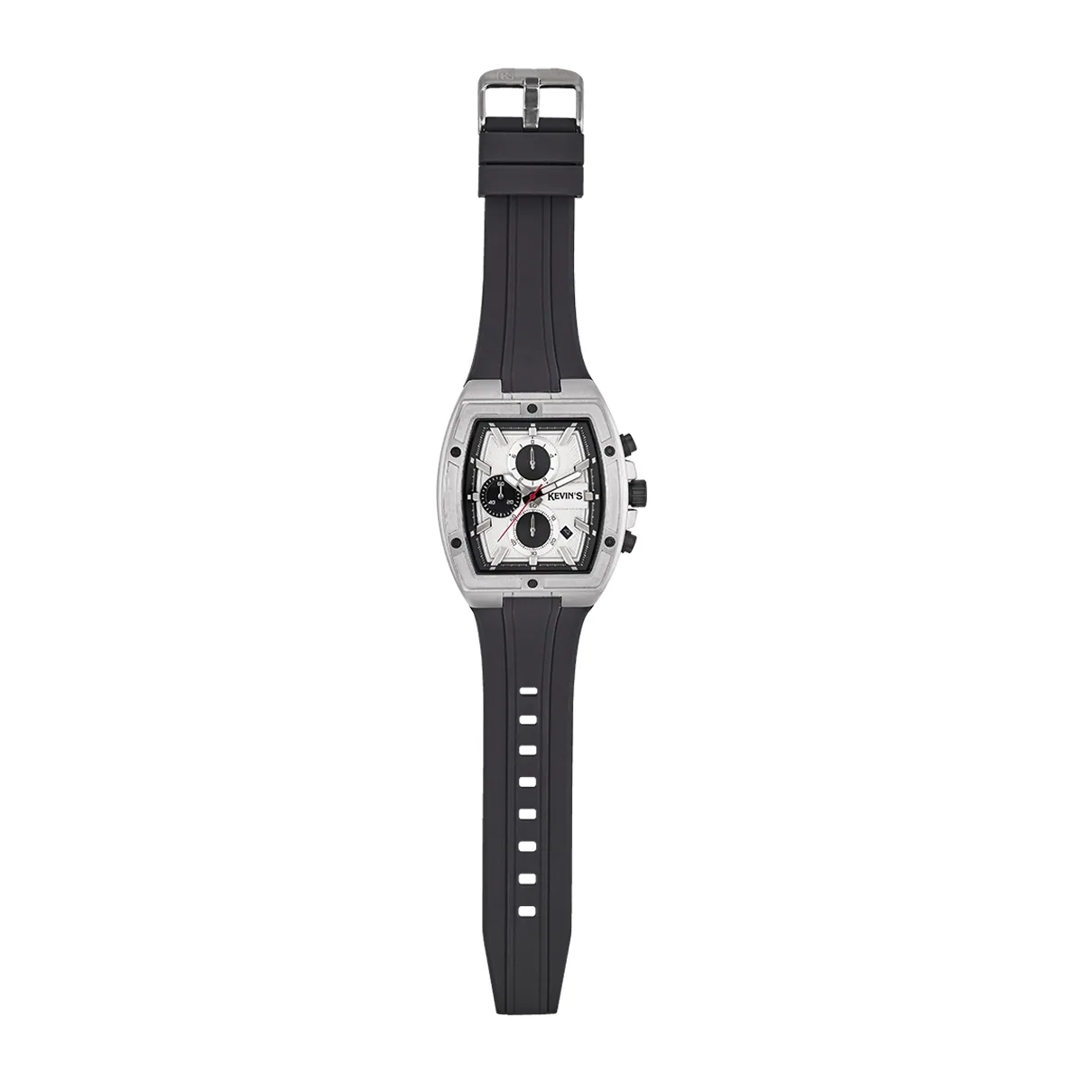 Reloj Kevins analogo, para Hombre, tablero rectangular colores plateado y negro, estilo index, pulso silicona color negro, calendario, cronografo
