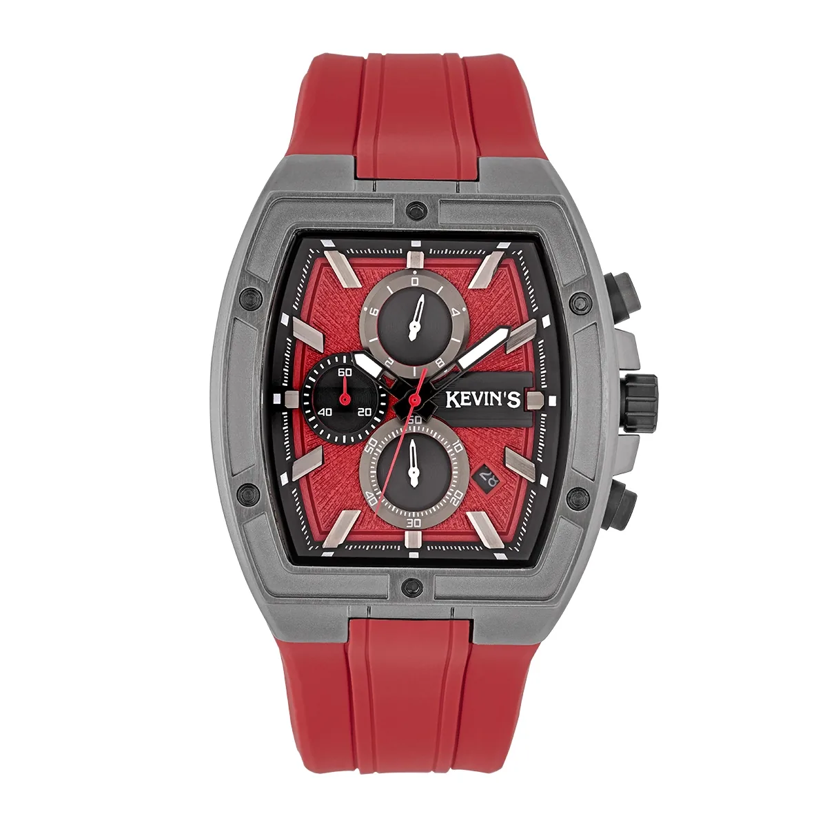 Reloj Kevins analogo, para Hombre, tablero rectangular colores rojo y gris, estilo index, pulso silicona color rojo, calendario, cronografo