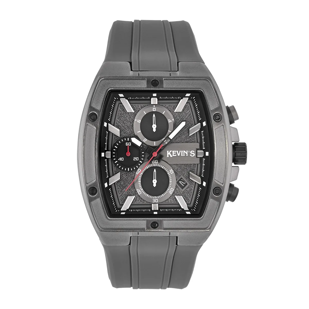 Reloj Kevins analogo, para Hombre, tablero rectangular colores gris y negro, estilo index, pulso silicona color gris, calendario, cronografo