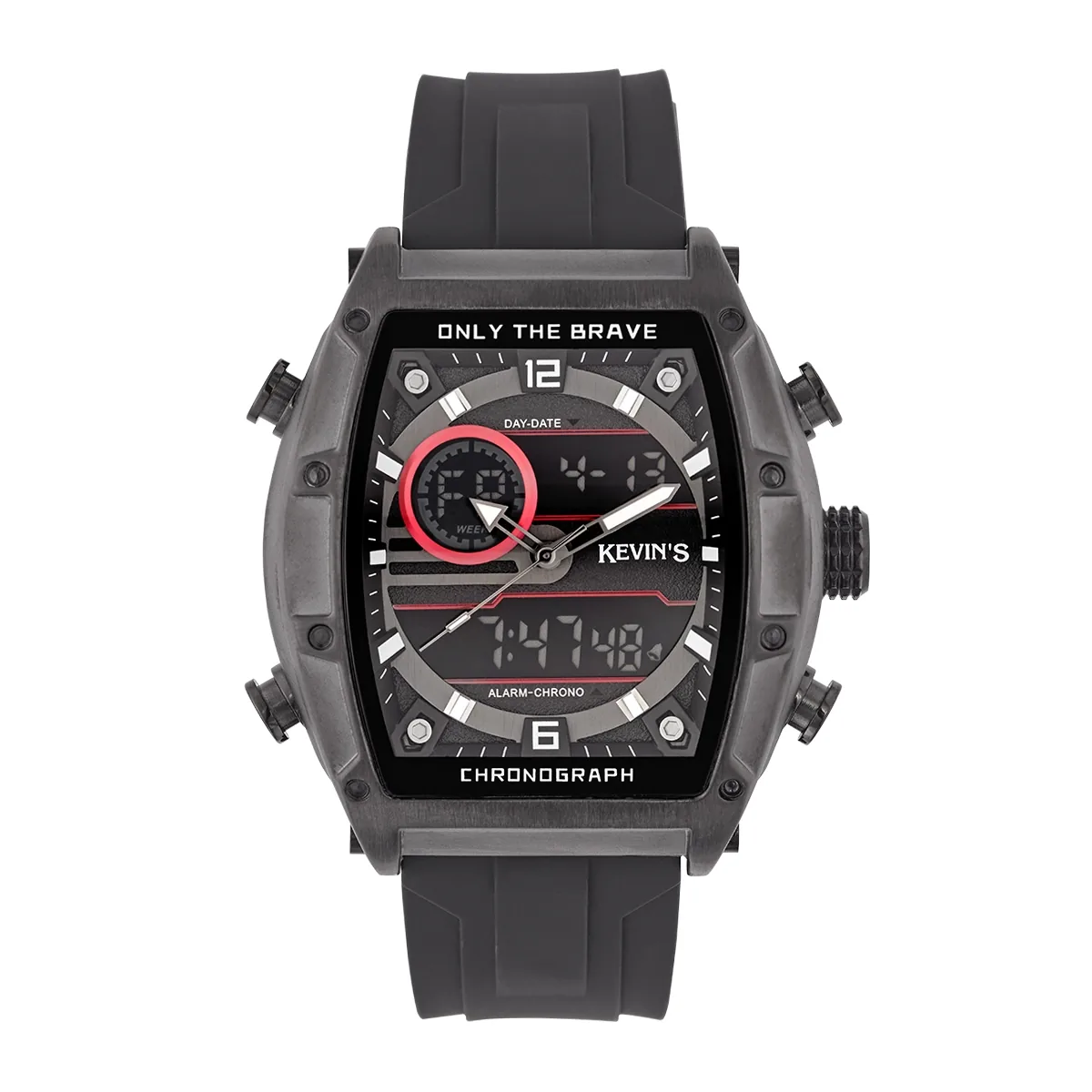 Reloj Kevins analogo y digital, para Hombre, tablero rectangular colores negro y rojo, estilo index + arabigo, pulso silicona color negro, calendario
