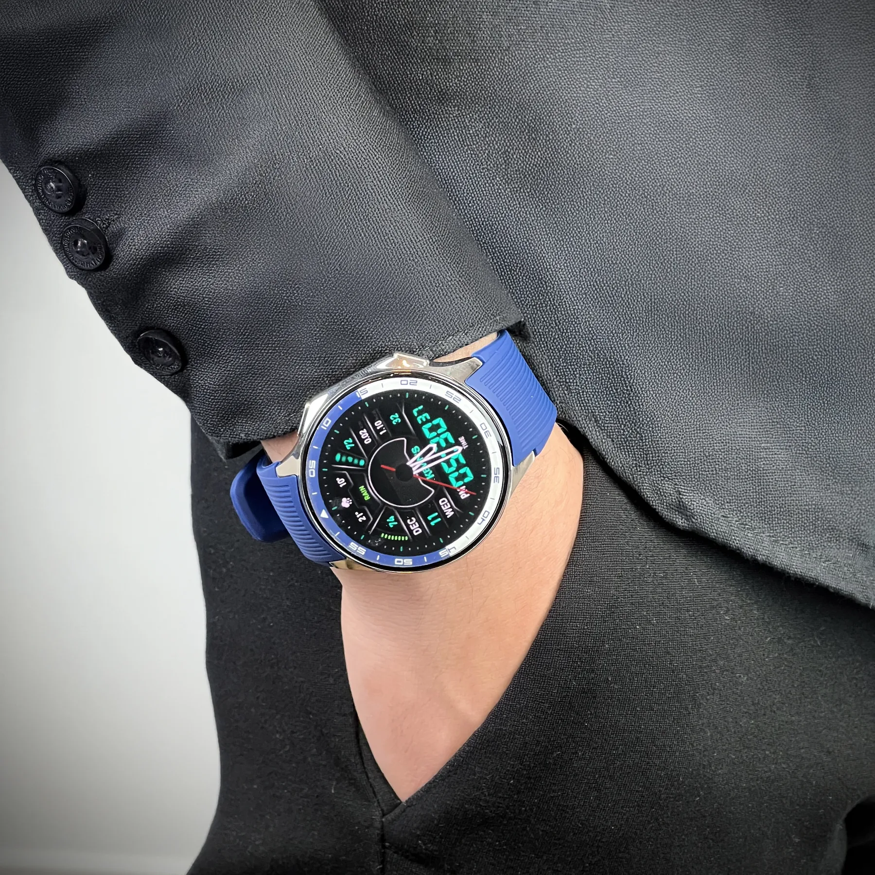 Reloj Kevins digital, para Hombre, tablero redondo color multi, estilo sin numeros, pulso silicona colores azul y café