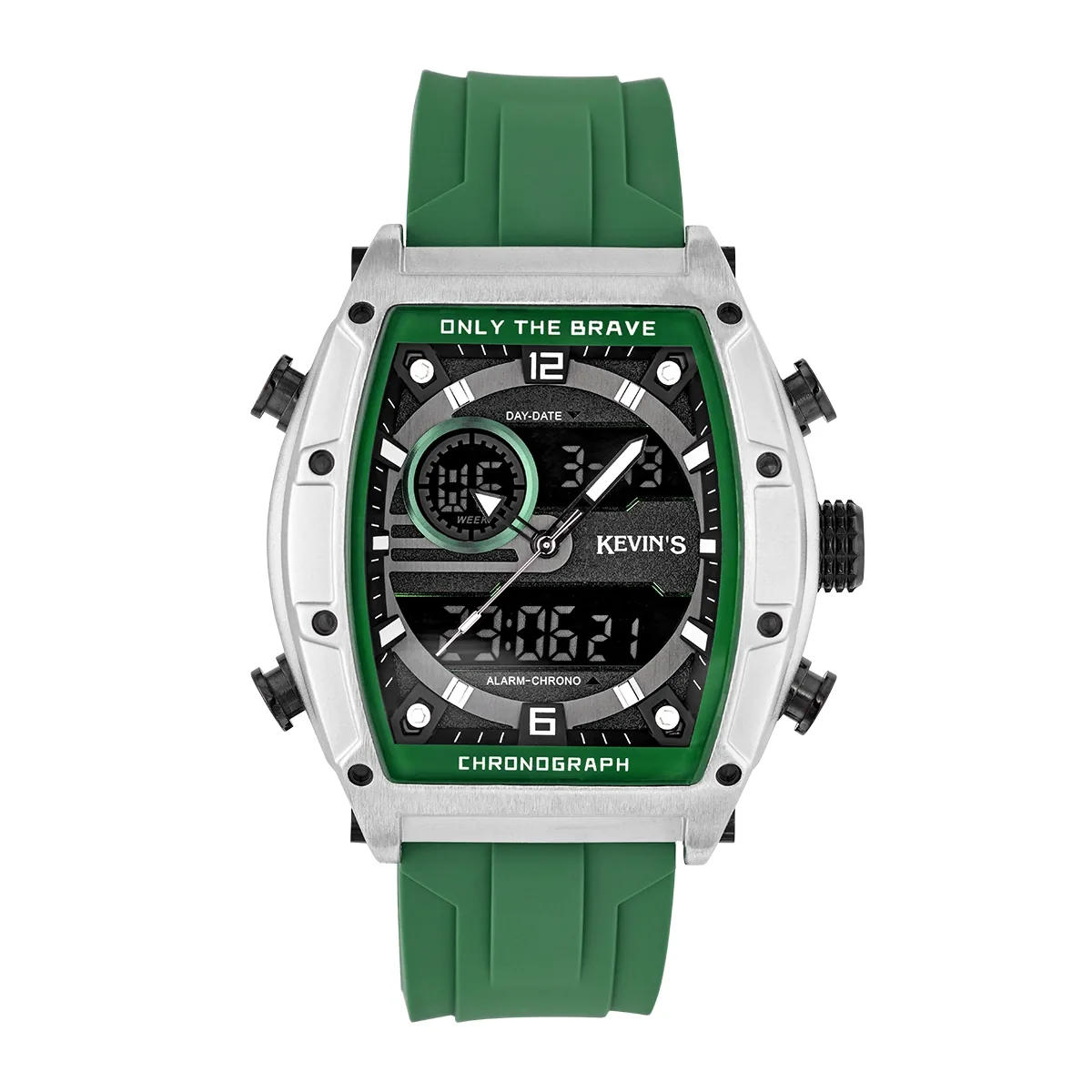 Reloj Kevins analogo y digital, para Hombre, tablero rectangular colores negro y verde, estilo index + arabigo, pulso silicona color verde, calendario