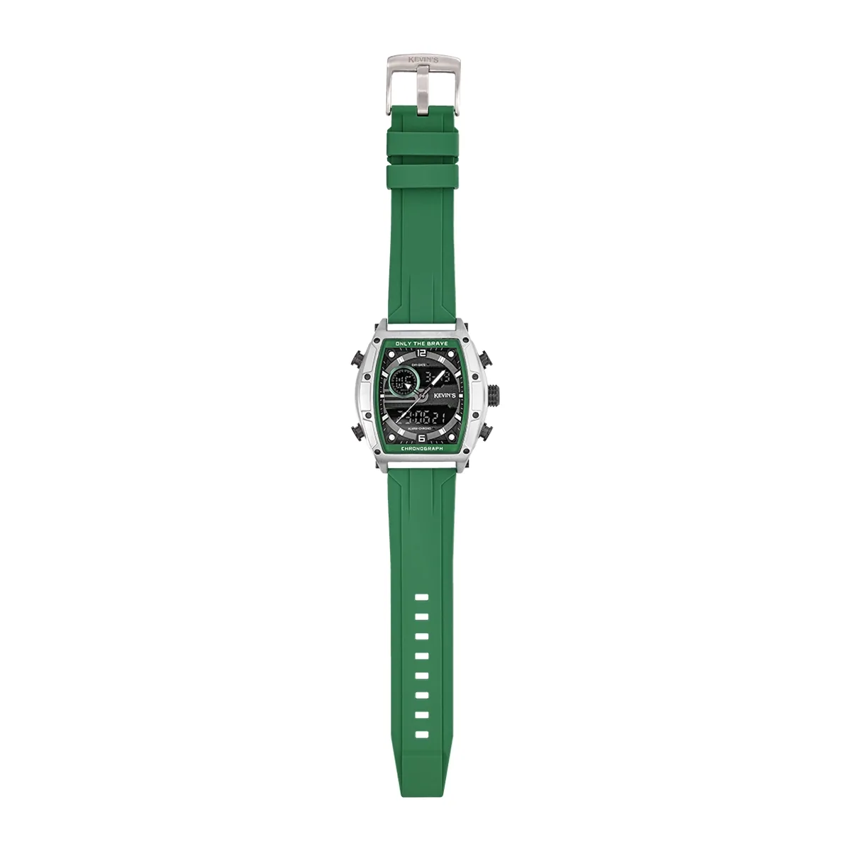 Reloj Kevins analogo y digital, para Hombre, tablero rectangular colores negro y verde, estilo index + arabigo, pulso silicona color verde, calendario