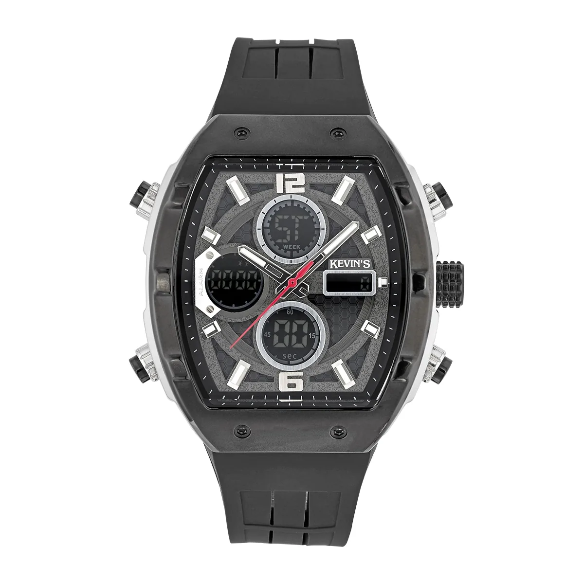 Reloj Kevins analogo y digital, para Hombre, tablero rectangular colores negro y gris, estilo index + arabigo, pulso silicona color negro, calendario