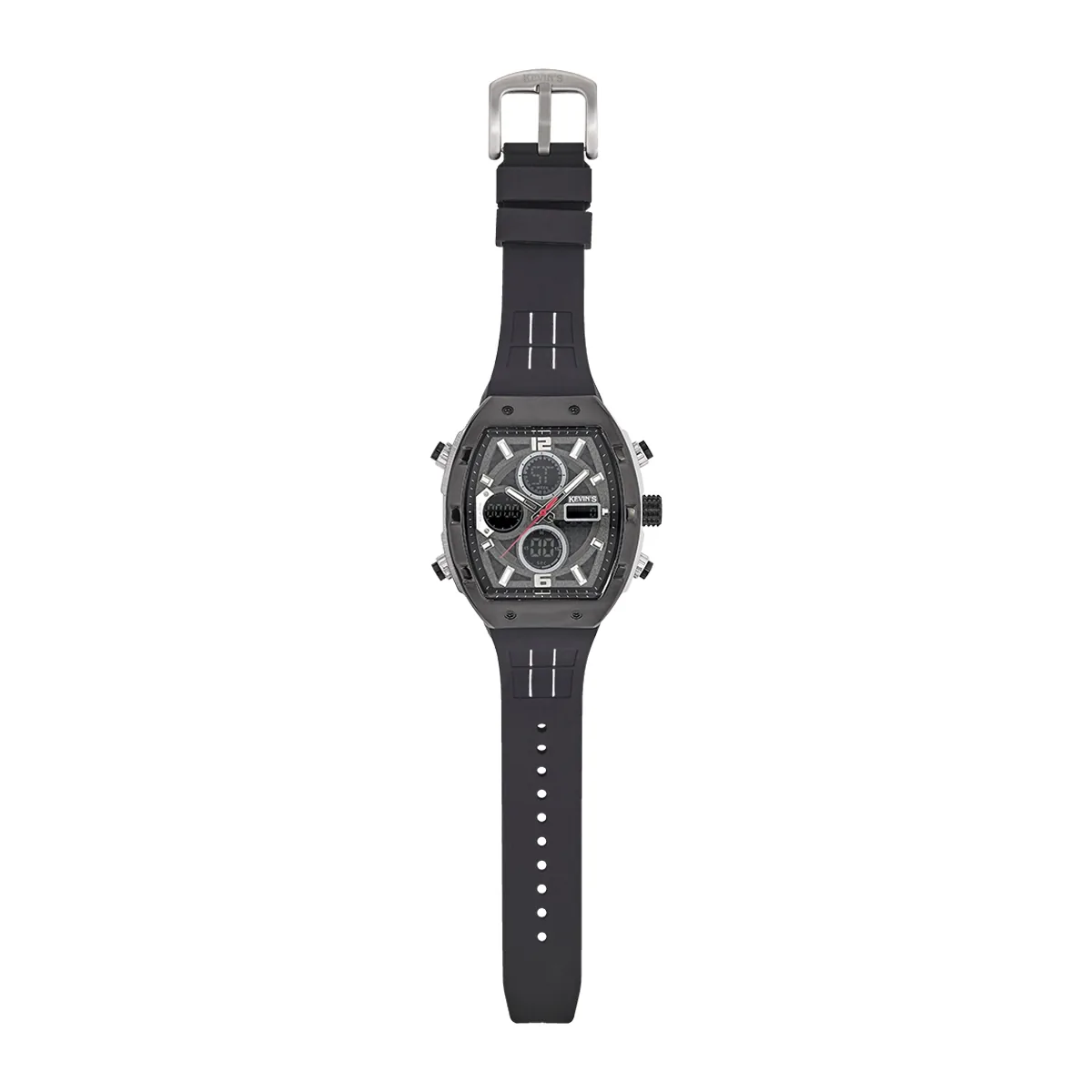 Reloj Kevins analogo y digital, para Hombre, tablero rectangular colores negro y gris, estilo index + arabigo, pulso silicona color negro, calendario
