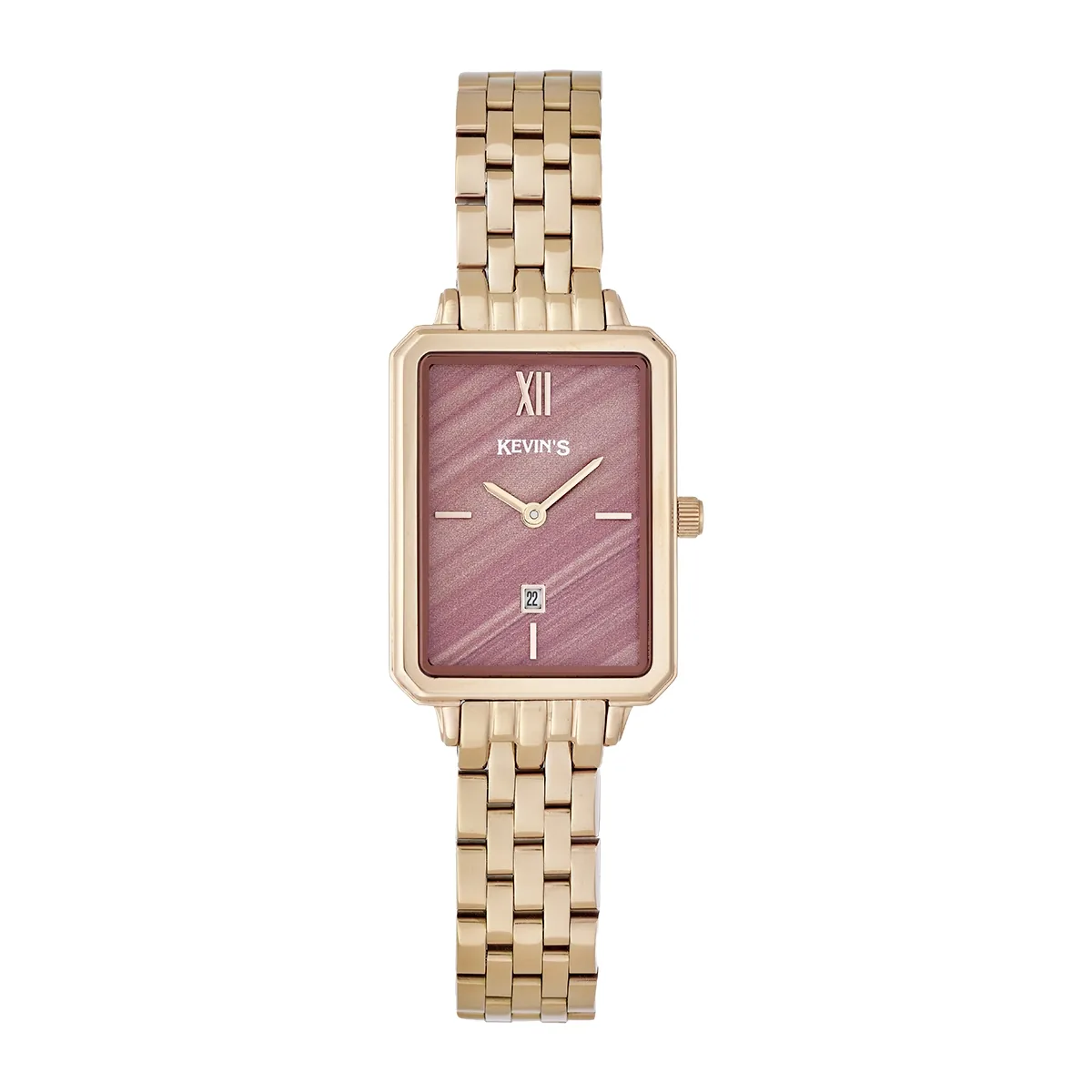 Reloj Kevins analogo, para Dama, tablero rectangular colores café y rosa, estilo index + romano, pulso acero color rosa, calendario