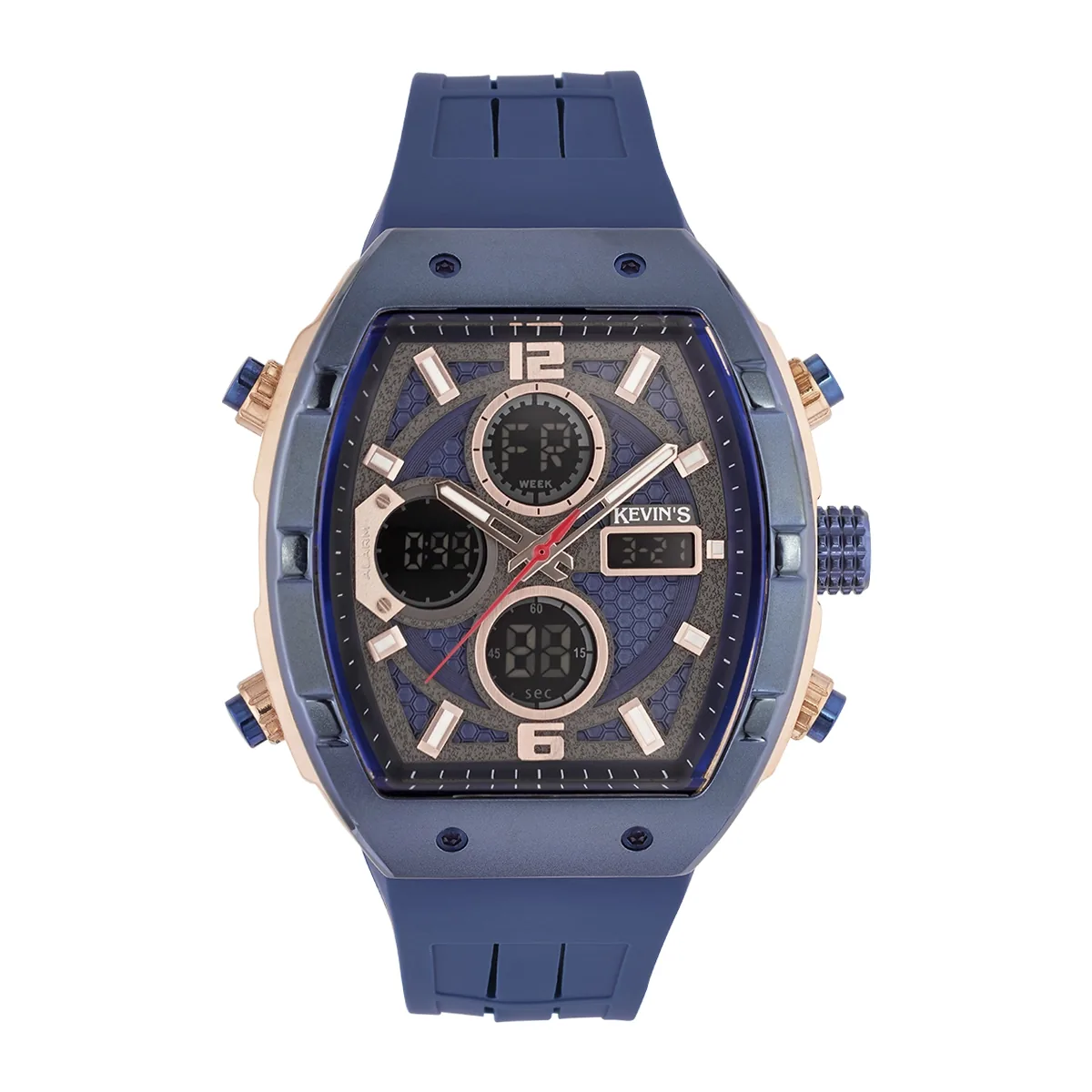 Reloj Kevins analogo y digital, para Hombre, tablero rectangular colores azul y rosa, estilo index + arabigo, pulso silicona color azul, calendario