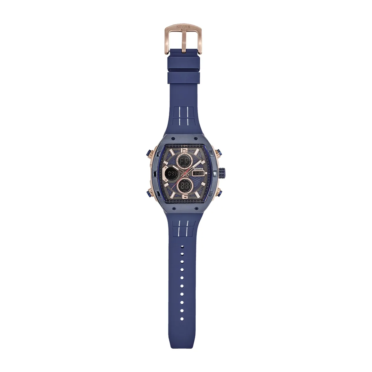 Reloj Kevins analogo y digital, para Hombre, tablero rectangular colores azul y rosa, estilo index + arabigo, pulso silicona color azul, calendario
