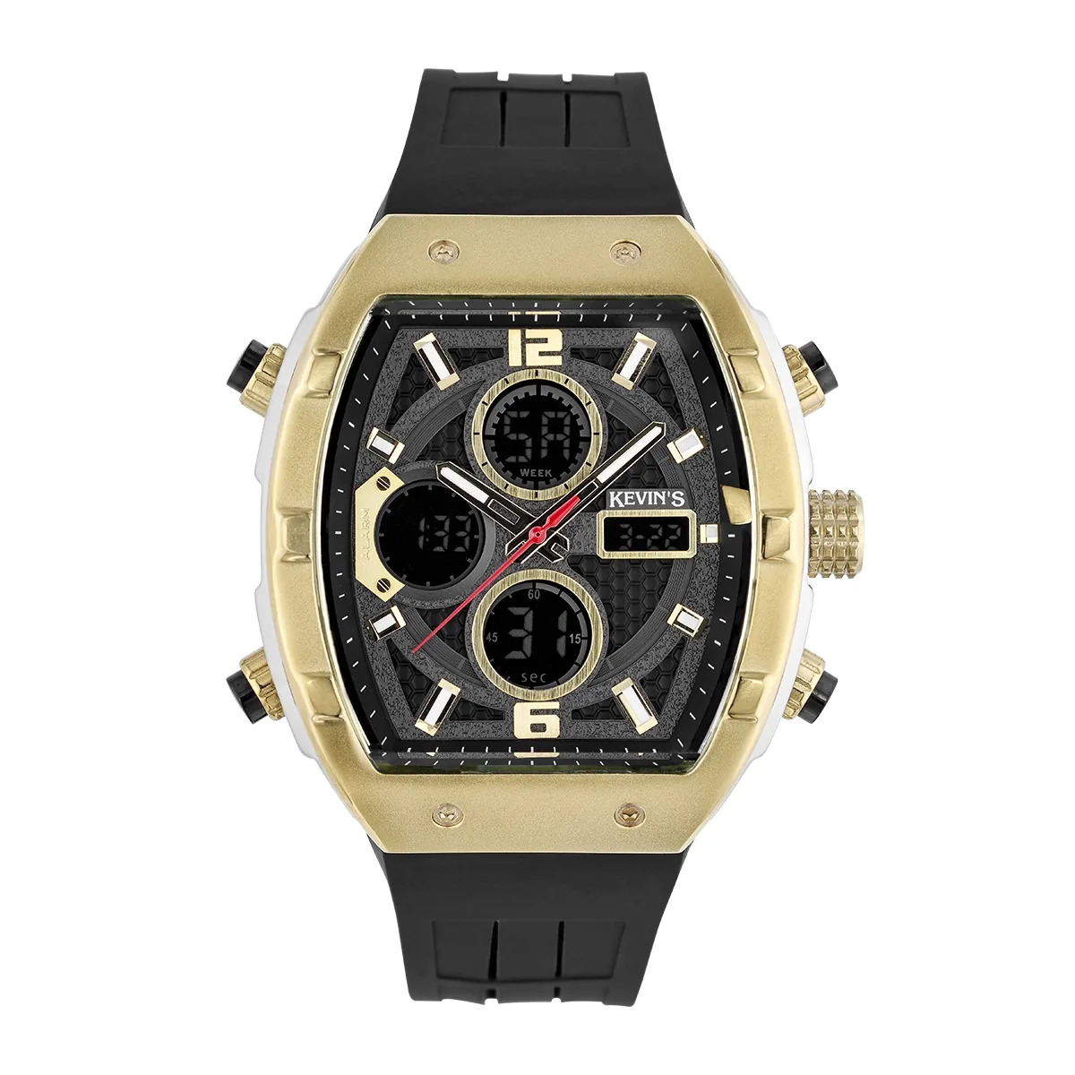 Reloj Kevins analogo y digital, para Hombre, tablero rectangular colores gris y dorado, estilo index + arabigo, pulso silicona color negro, calendario
