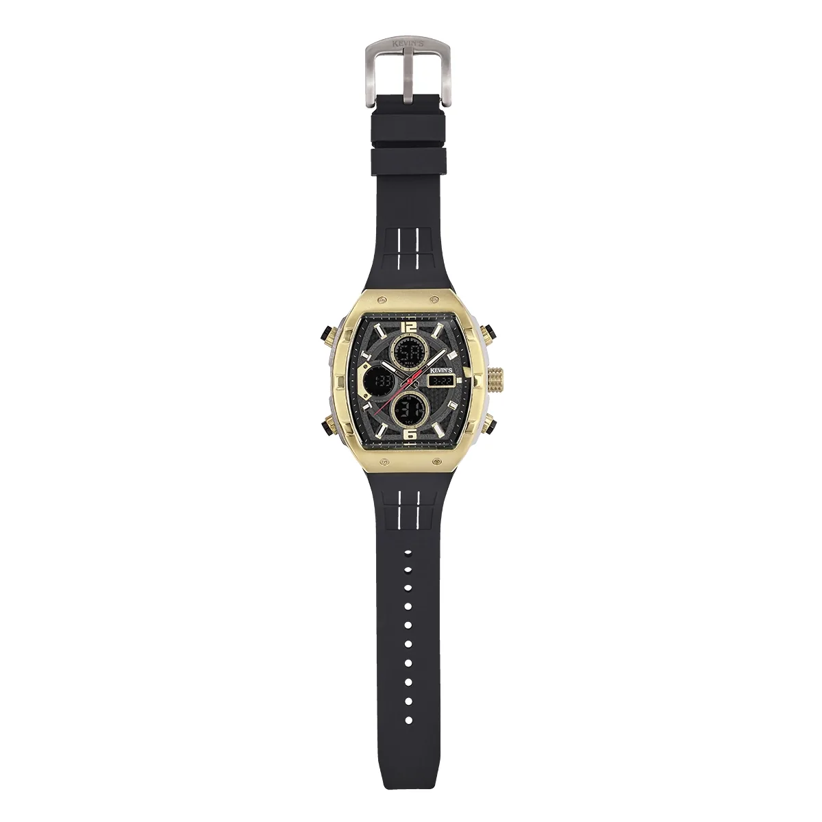 Reloj Kevins analogo y digital, para Hombre, tablero rectangular colores gris y dorado, estilo index + arabigo, pulso silicona color negro, calendario