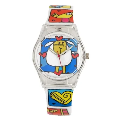Reloj Reloj university analogo, para Mujer niña, tablero redondo colores blanco, azul, rojo y amarillo, estilo puntos, pulso plastico color blanco